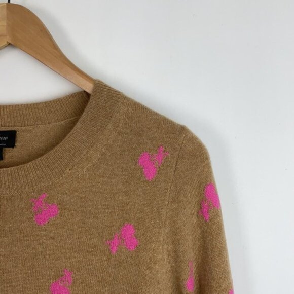 J.Crew S Cashmere Sweater Tan & Pink Cherries Intarsia Neon - Picture 7 of 13